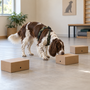 Chien en recherche olfactive sur des boîtes de nosework